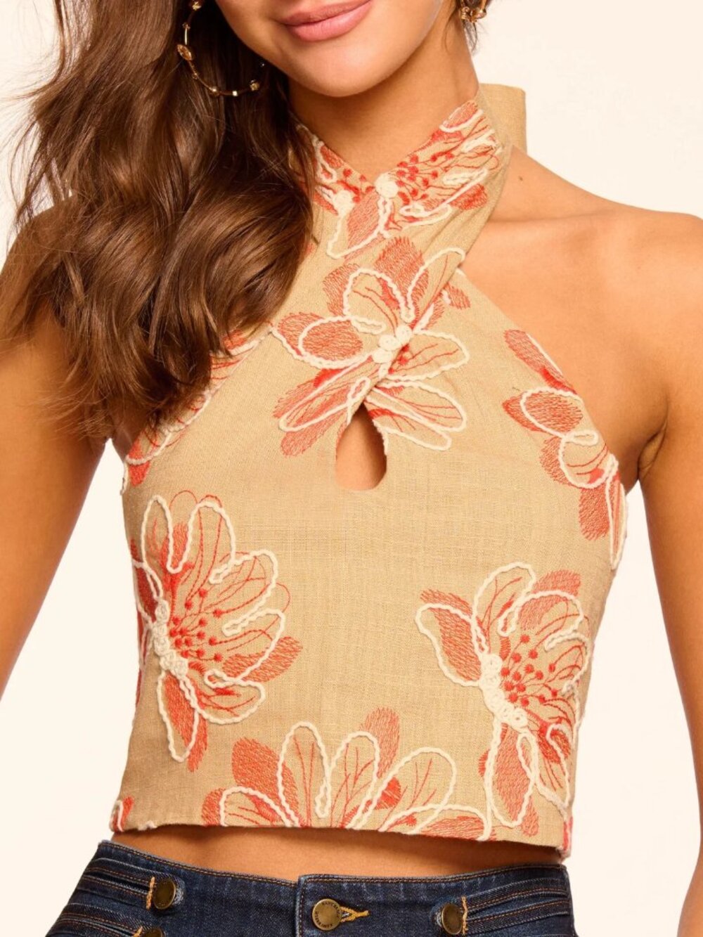 NEW Ramy Brook Harlow Embroidered Halter Crop Top - Natural Fleur, Size: 8